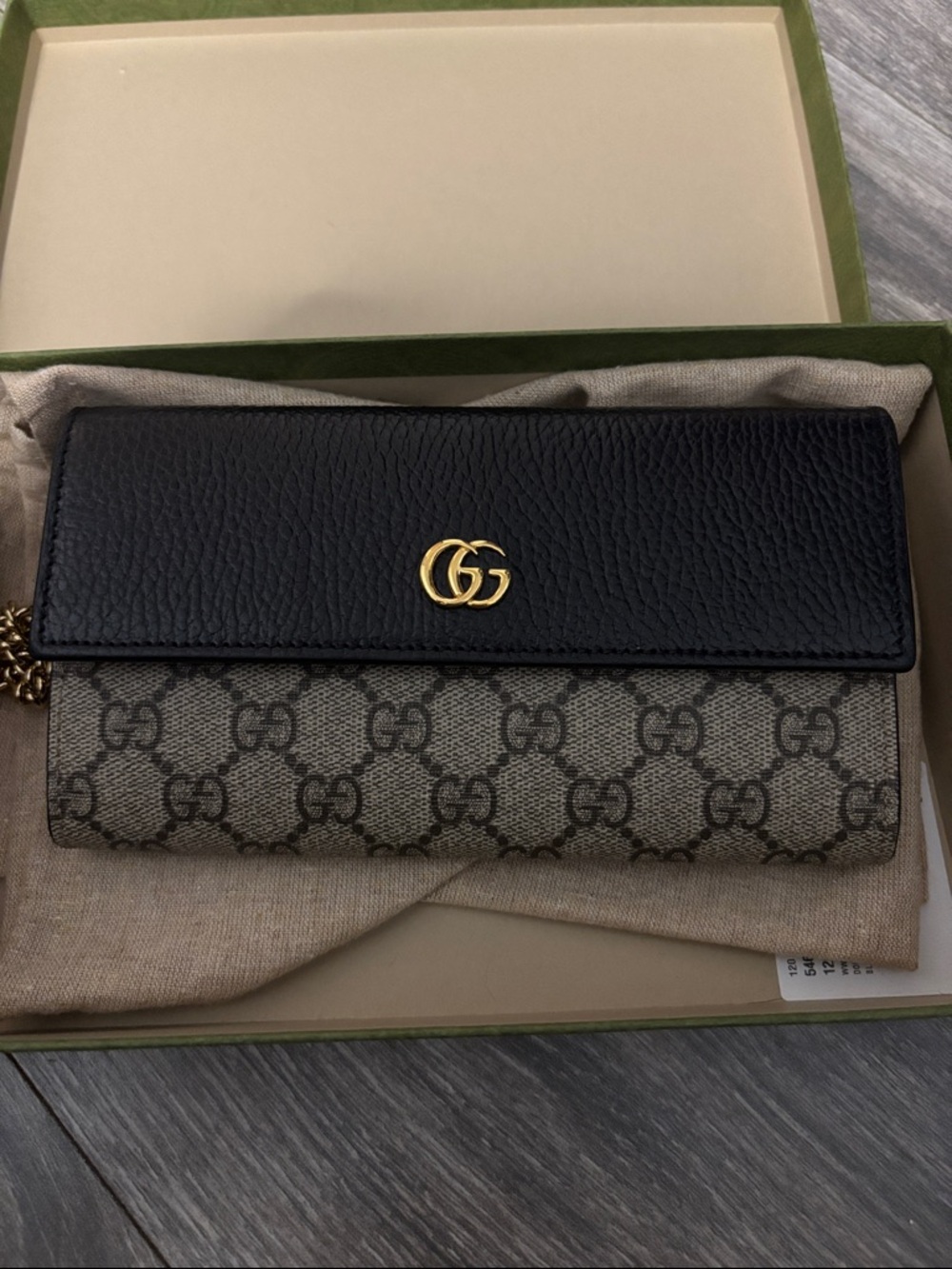 Gucci Black Leather & Beige GG Supreme Continental Wallet with Gold Double G